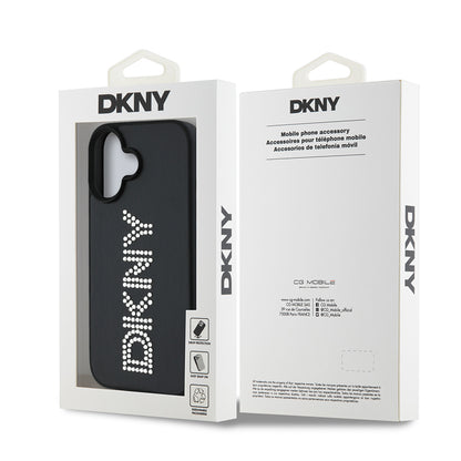 Apple iPhone 16 Kılıf DKNY Orjinal Lisanslı Taşlı DKNY Yazılı Metalik Rhinestones PU Deri Kapak Kahverengi
