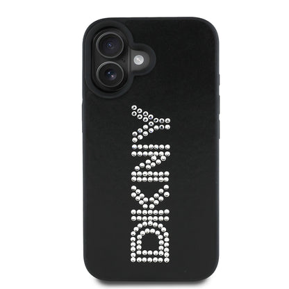 Apple iPhone 16 Kılıf DKNY Orjinal Lisanslı Taşlı DKNY Yazılı Metalik Rhinestones PU Deri Kapak Siyah