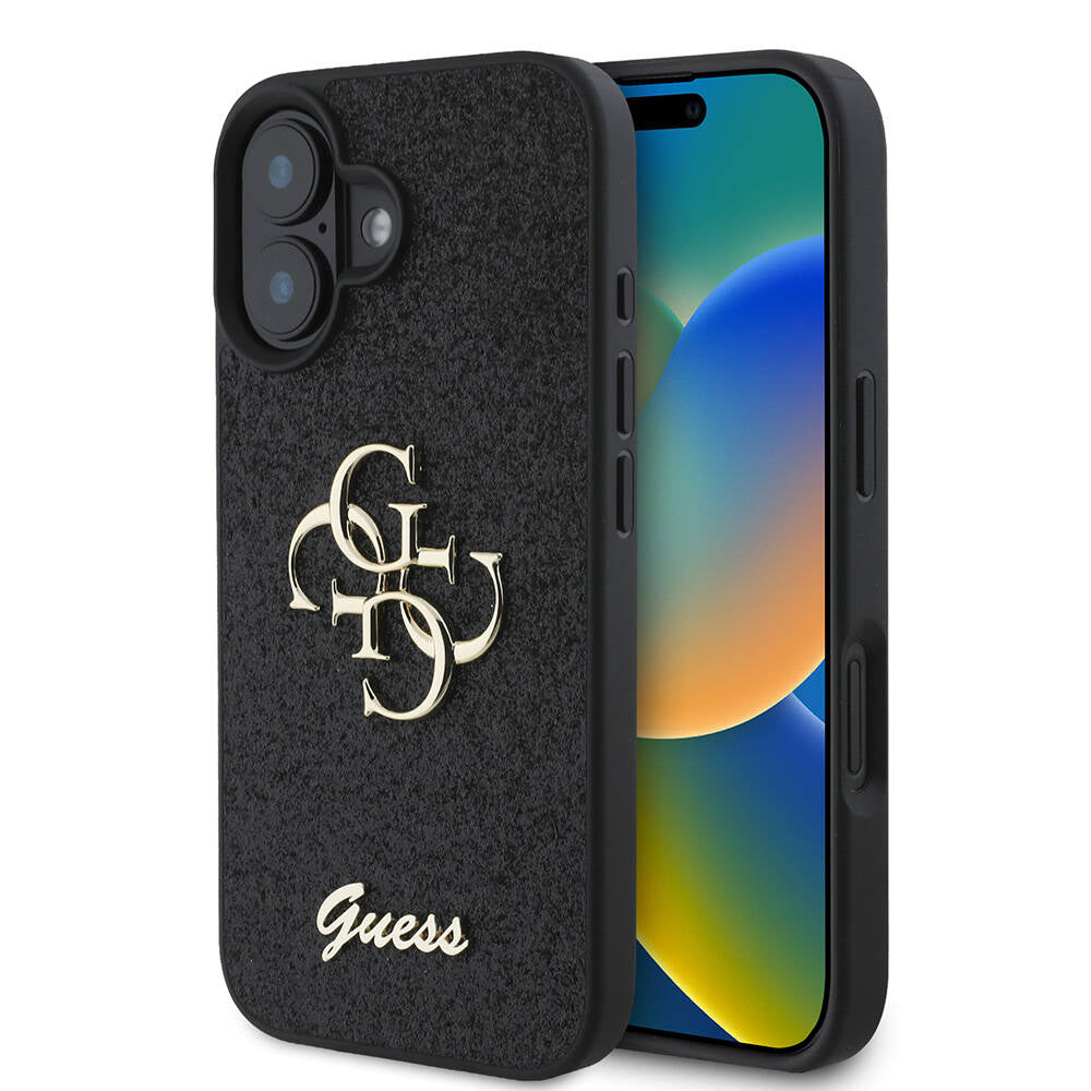 Apple iPhone 16 Kılıf Guess Orjinal Lisanslı 4G Büyük Metal Logolu Glitter Kapak Gold