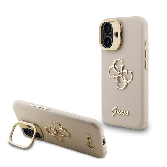 Apple iPhone 16 Kılıf Guess Orjinal Lisanslı Grained Yazı Logolu Kamera Standlı Kapak Bej