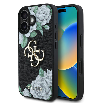 Apple iPhone 16 Kılıf Guess Orjinal Lisanslı Gül Baskılı Büyük Metal Logo Dizaynlı Kapak Pembe