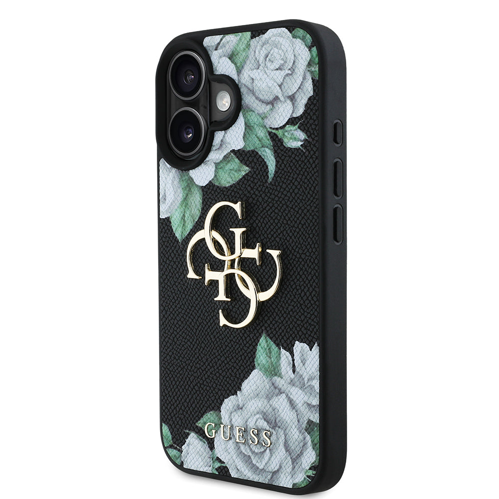 Apple iPhone 16 Kılıf Guess Orjinal Lisanslı Gül Baskılı Büyük Metal Logo Dizaynlı Kapak Siyah