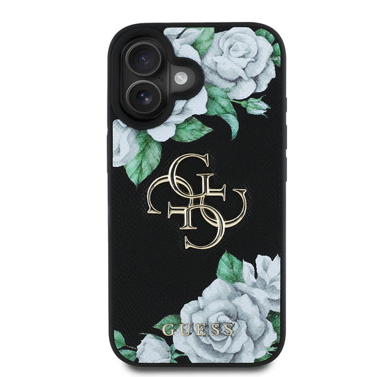 Apple iPhone 16 Kılıf Guess Orjinal Lisanslı Gül Baskılı Büyük Metal Logo Dizaynlı Kapak Mor