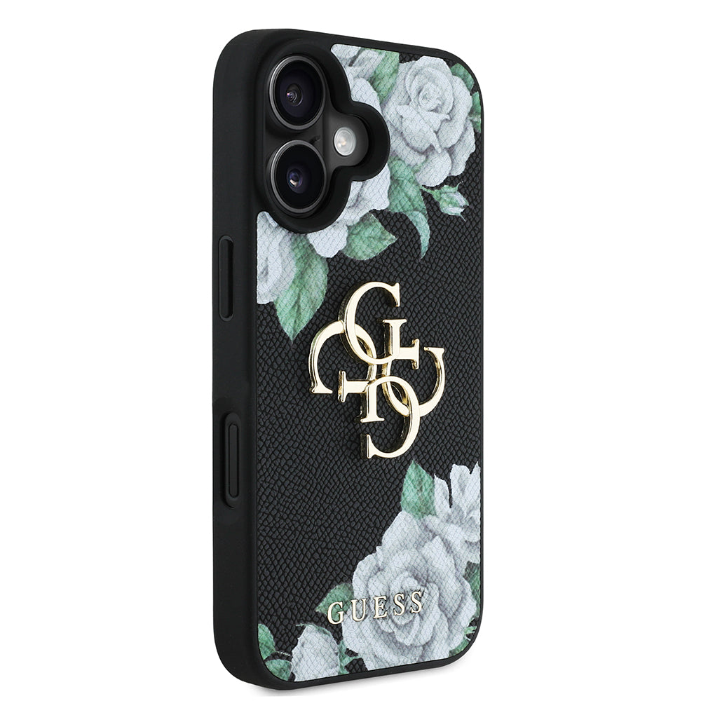 Apple iPhone 16 Kılıf Guess Orjinal Lisanslı Gül Baskılı Büyük Metal Logo Dizaynlı Kapak Mor