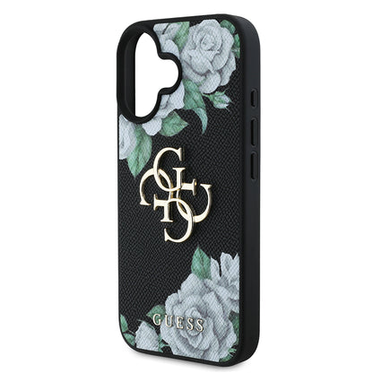 Apple iPhone 16 Kılıf Guess Orjinal Lisanslı Gül Baskılı Büyük Metal Logo Dizaynlı Kapak Siyah