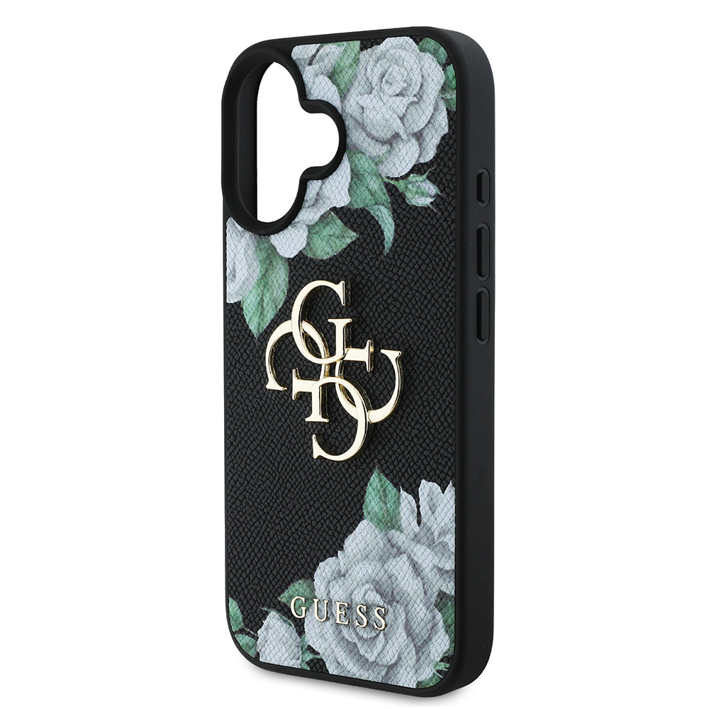 Apple iPhone 16 Kılıf Guess Orjinal Lisanslı Gül Baskılı Büyük Metal Logo Dizaynlı Kapak Mor