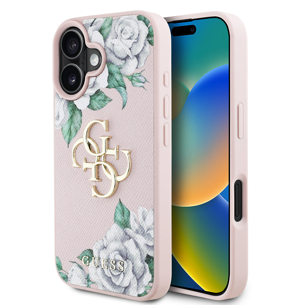 Apple iPhone 16 Kılıf Guess Orjinal Lisanslı Gül Baskılı Büyük Metal Logo Dizaynlı Kapak Siyah