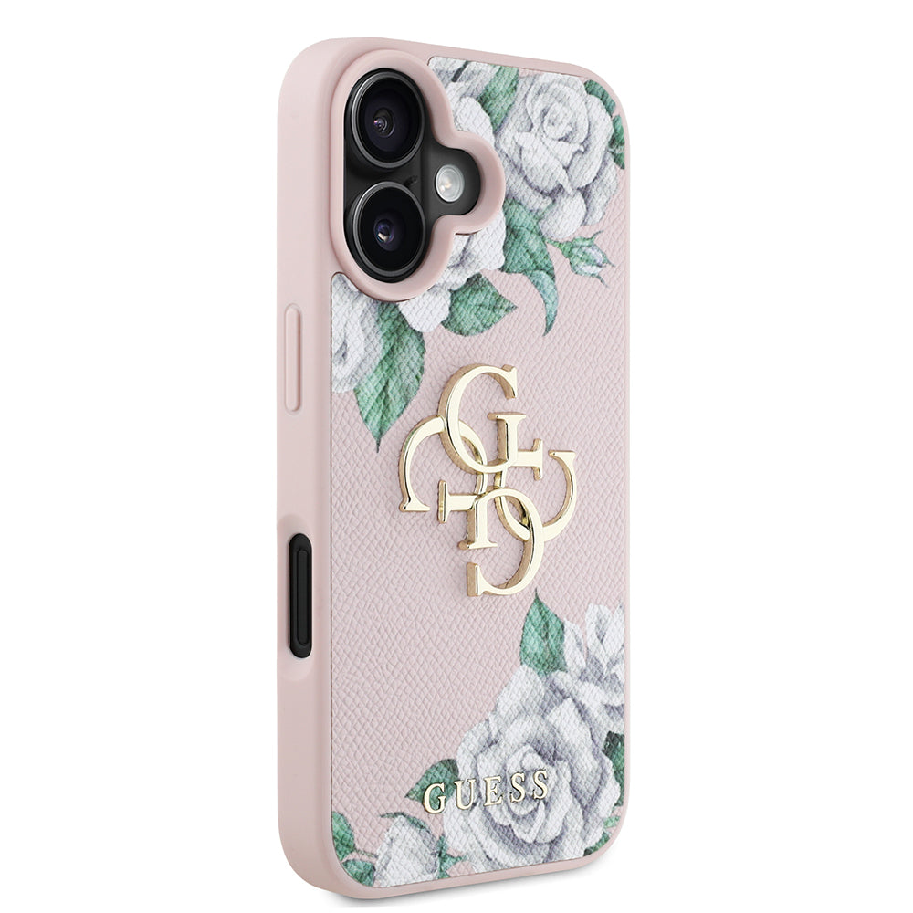Apple iPhone 16 Kılıf Guess Orjinal Lisanslı Gül Baskılı Büyük Metal Logo Dizaynlı Kapak Siyah