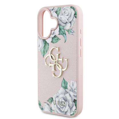 Apple iPhone 16 Kılıf Guess Orjinal Lisanslı Gül Baskılı Büyük Metal Logo Dizaynlı Kapak Pembe