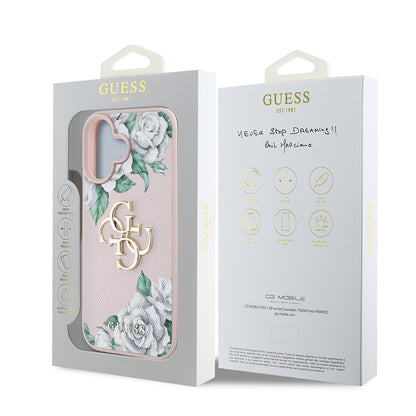 Apple iPhone 16 Kılıf Guess Orjinal Lisanslı Gül Baskılı Büyük Metal Logo Dizaynlı Kapak Siyah