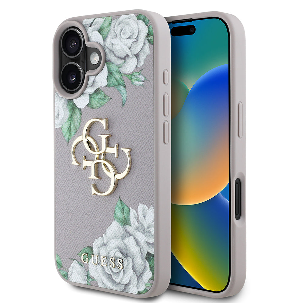 Apple iPhone 16 Kılıf Guess Orjinal Lisanslı Gül Baskılı Büyük Metal Logo Dizaynlı Kapak Mor