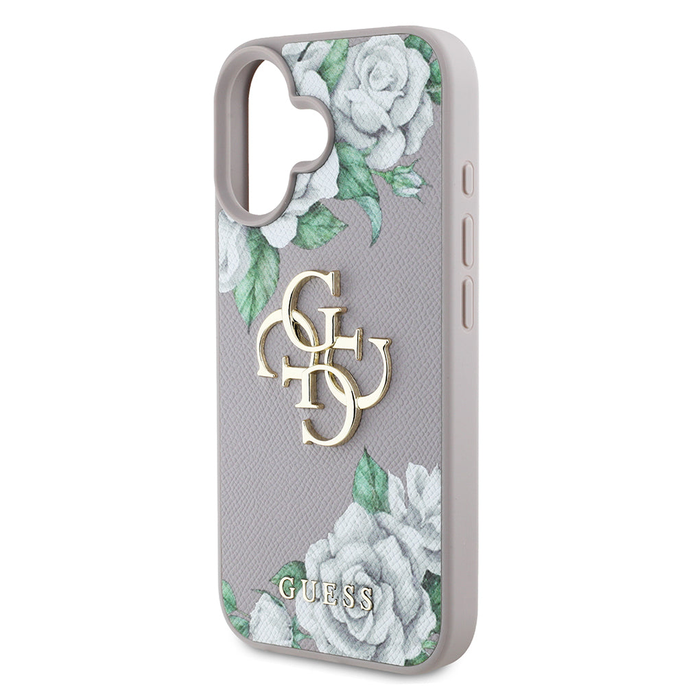 Apple iPhone 16 Kılıf Guess Orjinal Lisanslı Gül Baskılı Büyük Metal Logo Dizaynlı Kapak Siyah