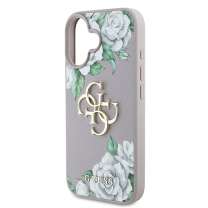 Apple iPhone 16 Kılıf Guess Orjinal Lisanslı Gül Baskılı Büyük Metal Logo Dizaynlı Kapak Pembe