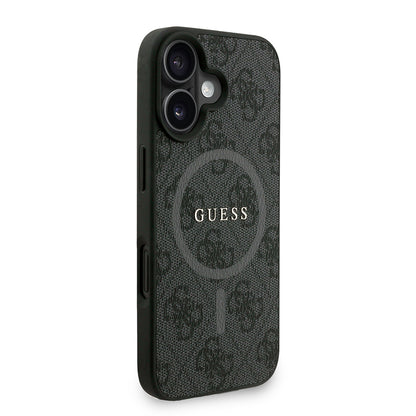 Apple iPhone 16 Kılıf Guess Orjinal Lisanslı M-safe Şarj Özellikli PU Deri Bilek Askı İpli Yazı Logolu Kapak Siyah