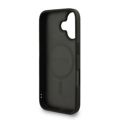 Apple iPhone 16 Kılıf Guess Orjinal Lisanslı M-safe Şarj Özellikli PU Deri Bilek Askı İpli Yazı Logolu Kapak Siyah