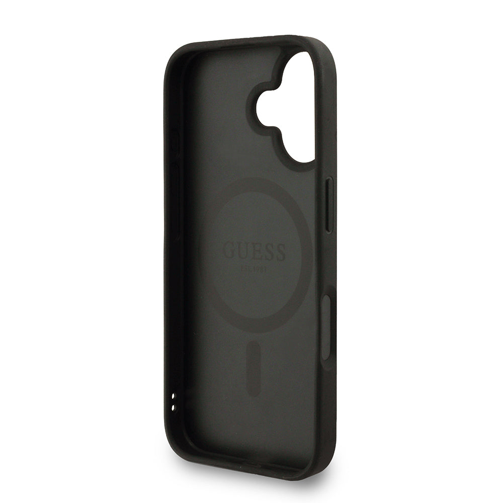 Apple iPhone 16 Kılıf Guess Orjinal Lisanslı M-safe Şarj Özellikli PU Deri Bilek Askı İpli Yazı Logolu Kapak Kahverengi