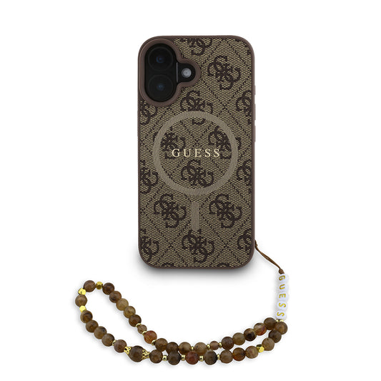 Apple iPhone 16 Kılıf Guess Orjinal Lisanslı M-safe Şarj Özellikli PU Deri Bilek Askı İpli Yazı Logolu Kapak Kahverengi