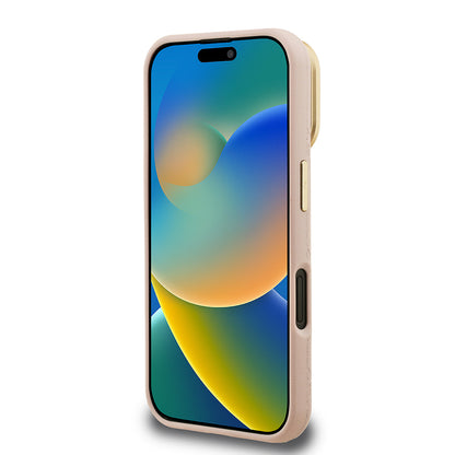 Apple iPhone 16 Kılıf Guess Orjinal Lisanslı M-safe Şarj Özellikli Sıcak Baskılı Yazı Logolu Kamera Standlı PU Deri Peony Kapak Pembe