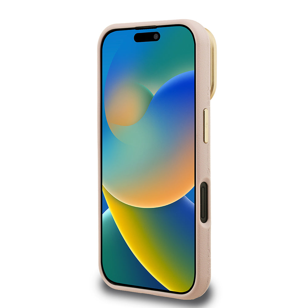 Apple iPhone 16 Kılıf Guess Orjinal Lisanslı M-safe Şarj Özellikli Sıcak Baskılı Yazı Logolu Kamera Standlı PU Deri Peony Kapak Bej