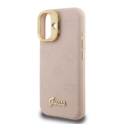 Apple iPhone 16 Kılıf Guess Orjinal Lisanslı M-safe Şarj Özellikli Sıcak Baskılı Yazı Logolu Kamera Standlı PU Deri Peony Kapak Pembe