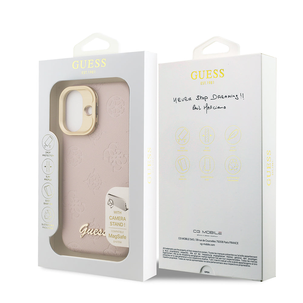 Apple iPhone 16 Kılıf Guess Orjinal Lisanslı M-safe Şarj Özellikli Sıcak Baskılı Yazı Logolu Kamera Standlı PU Deri Peony Kapak Bej