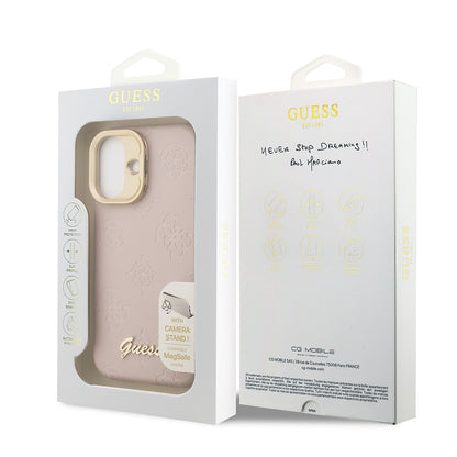 Apple iPhone 16 Kılıf Guess Orjinal Lisanslı M-safe Şarj Özellikli Sıcak Baskılı Yazı Logolu Kamera Standlı PU Deri Peony Kapak Bej