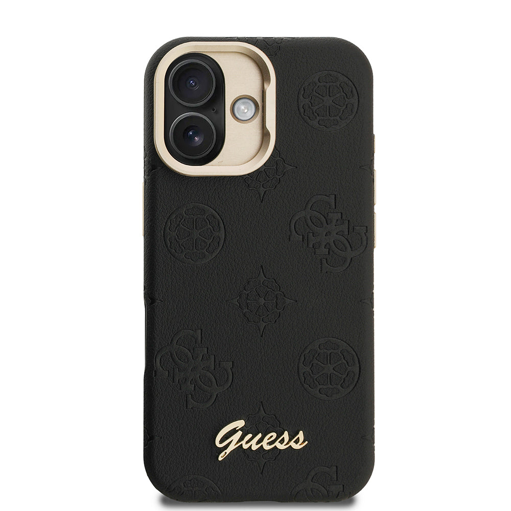 Apple iPhone 16 Kılıf Guess Orjinal Lisanslı M-safe Şarj Özellikli Sıcak Baskılı Yazı Logolu Kamera Standlı PU Deri Peony Kapak Siyah