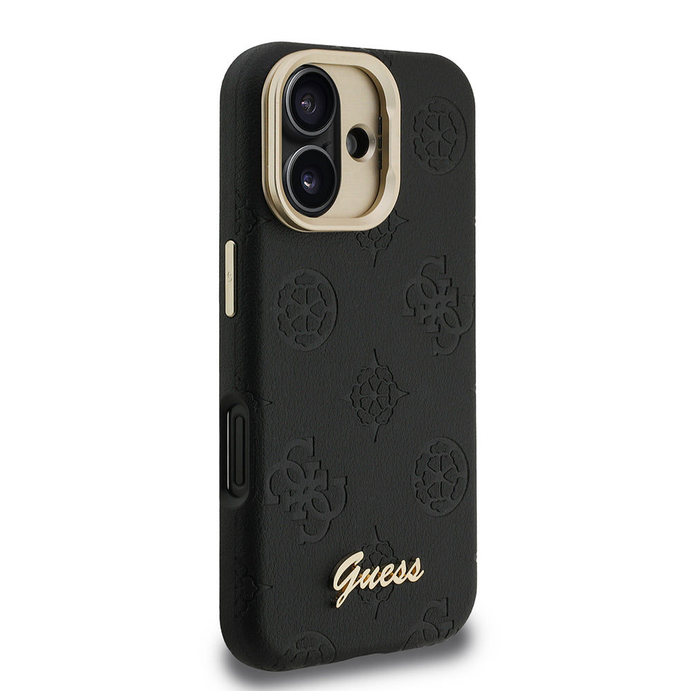 Apple iPhone 16 Kılıf Guess Orjinal Lisanslı M-safe Şarj Özellikli Sıcak Baskılı Yazı Logolu Kamera Standlı PU Deri Peony Kapak Siyah