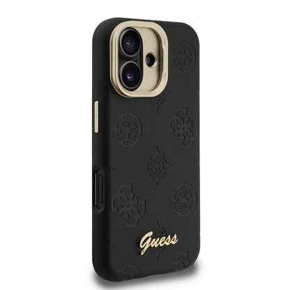 Apple iPhone 16 Kılıf Guess Orjinal Lisanslı M-safe Şarj Özellikli Sıcak Baskılı Yazı Logolu Kamera Standlı PU Deri Peony Kapak Bej