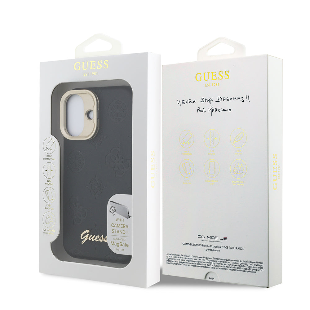 Apple iPhone 16 Kılıf Guess Orjinal Lisanslı M-safe Şarj Özellikli Sıcak Baskılı Yazı Logolu Kamera Standlı PU Deri Peony Kapak Pembe