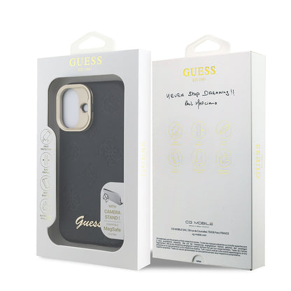 Apple iPhone 16 Kılıf Guess Orjinal Lisanslı M-safe Şarj Özellikli Sıcak Baskılı Yazı Logolu Kamera Standlı PU Deri Peony Kapak Bej