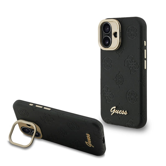 Apple iPhone 16 Kılıf Guess Orjinal Lisanslı M-safe Şarj Özellikli Sıcak Baskılı Yazı Logolu Kamera Standlı PU Deri Peony Kapak