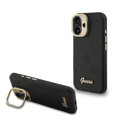 Apple iPhone 16 Kılıf Guess Orjinal Lisanslı M-safe Şarj Özellikli Sıcak Baskılı Yazı Logolu Kamera Standlı PU Deri Peony Kapak Siyah