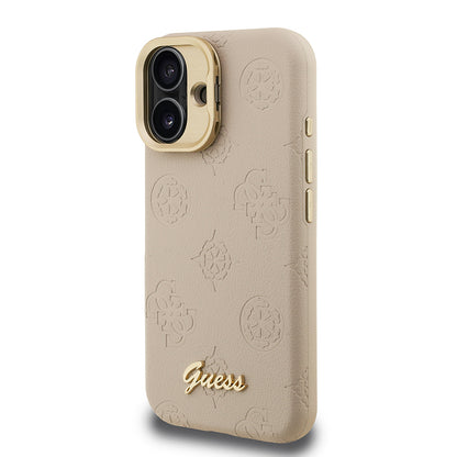 Apple iPhone 16 Kılıf Guess Orjinal Lisanslı M-safe Şarj Özellikli Sıcak Baskılı Yazı Logolu Kamera Standlı PU Deri Peony Kapak Pembe