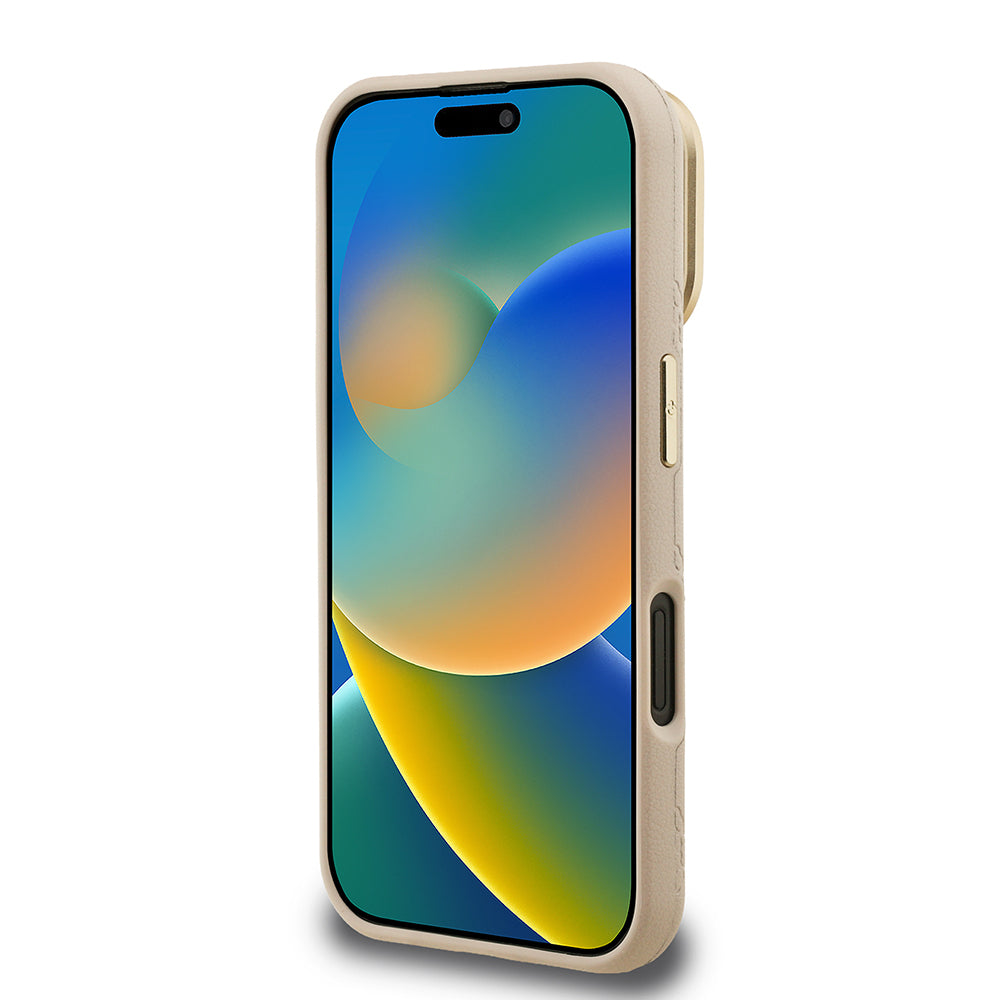 Apple iPhone 16 Kılıf Guess Orjinal Lisanslı M-safe Şarj Özellikli Sıcak Baskılı Yazı Logolu Kamera Standlı PU Deri Peony Kapak Siyah