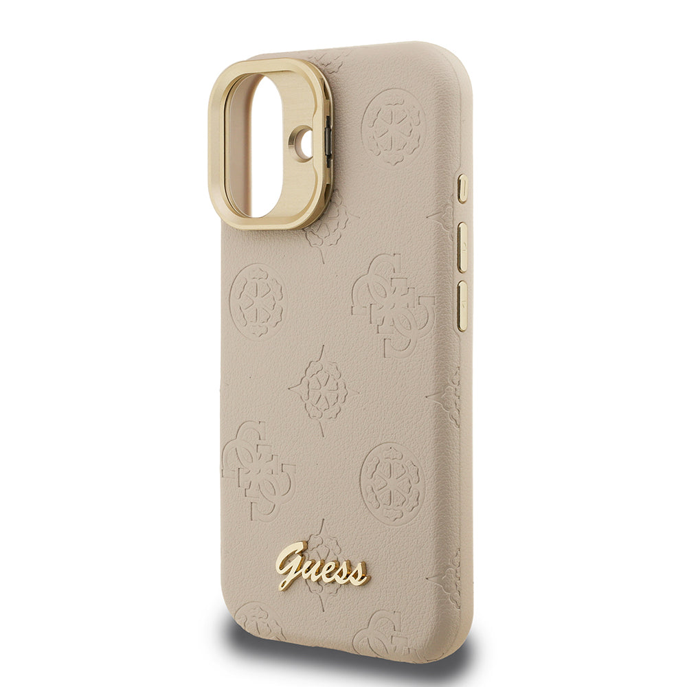 Apple iPhone 16 Kılıf Guess Orjinal Lisanslı M-safe Şarj Özellikli Sıcak Baskılı Yazı Logolu Kamera Standlı PU Deri Peony Kapak Bej
