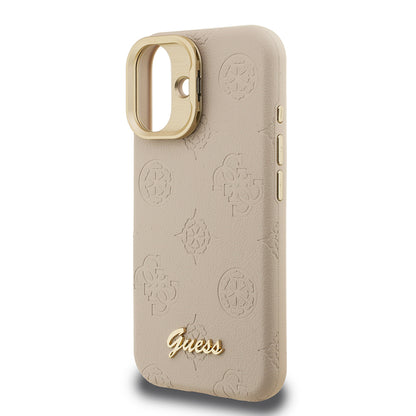 Apple iPhone 16 Kılıf Guess Orjinal Lisanslı M-safe Şarj Özellikli Sıcak Baskılı Yazı Logolu Kamera Standlı PU Deri Peony Kapak Pembe