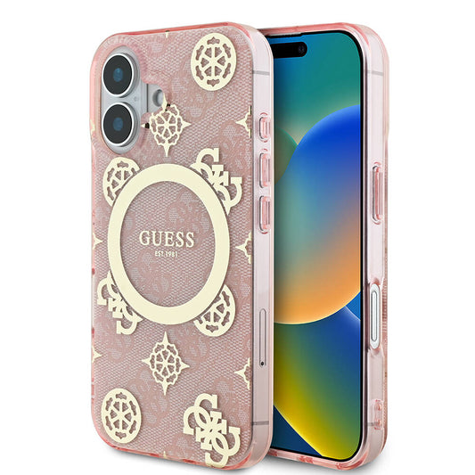 Apple iPhone 16 Kılıf Guess Orjinal Lisanslı M-safe Şarj Özellikli 4G Desenli IML Yazı Logolu Peony Kapak Kahverengi