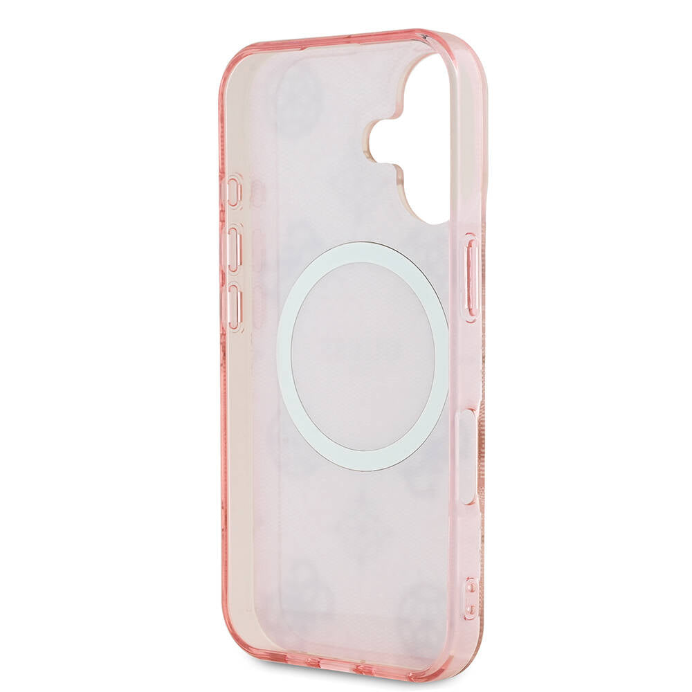 Apple iPhone 16 Kılıf Guess Orjinal Lisanslı M-safe Şarj Özellikli 4G Desenli IML Yazı Logolu Peony Kapak Pembe
