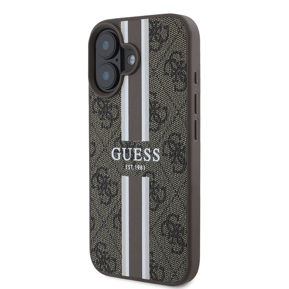 Apple iPhone 16 Kılıf Guess Orjinal Lisanslı M-safe Şarj Özellikli 4G Şerit Tasarımlı Printed Kapak Kahverengi