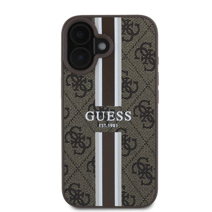 Apple iPhone 16 Kılıf Guess Orjinal Lisanslı M-safe Şarj Özellikli 4G Şerit Tasarımlı Printed Kapak Siyah