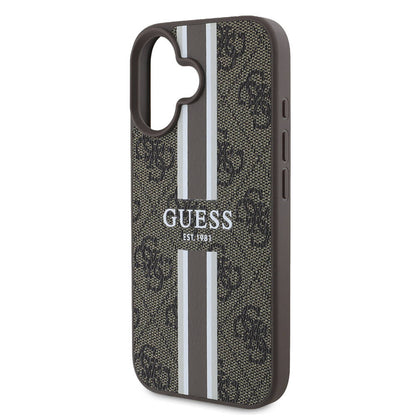 Apple iPhone 16 Kılıf Guess Orjinal Lisanslı M-safe Şarj Özellikli 4G Şerit Tasarımlı Printed Kapak Kahverengi