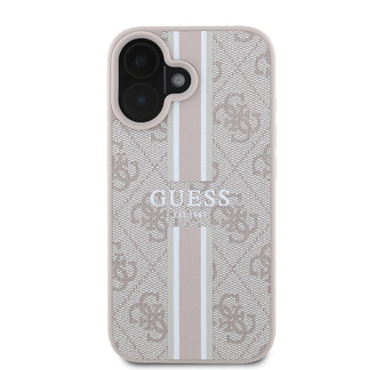 Apple iPhone 16 Kılıf Guess Orjinal Lisanslı M-safe Şarj Özellikli 4G Şerit Tasarımlı Printed Kapak Siyah