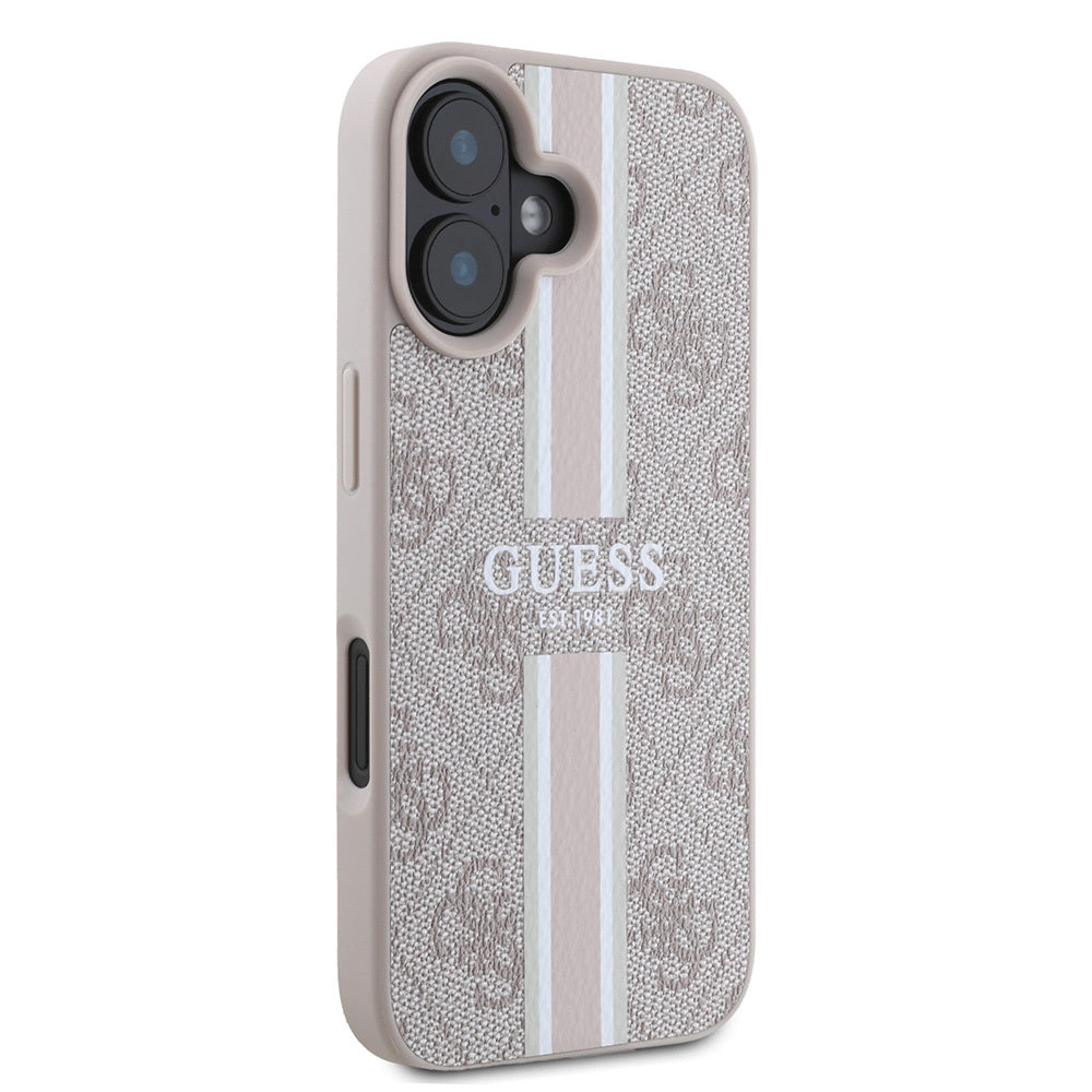Apple iPhone 16 Kılıf Guess Orjinal Lisanslı M-safe Şarj Özellikli 4G Şerit Tasarımlı Printed Kapak Kahverengi