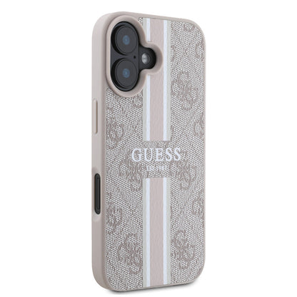 Apple iPhone 16 Kılıf Guess Orjinal Lisanslı M-safe Şarj Özellikli 4G Şerit Tasarımlı Printed Kapak Pembe