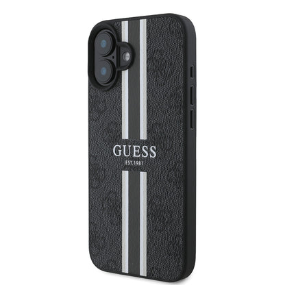 Apple iPhone 16 Kılıf Guess Orjinal Lisanslı M-safe Şarj Özellikli 4G Şerit Tasarımlı Printed Kapak Siyah