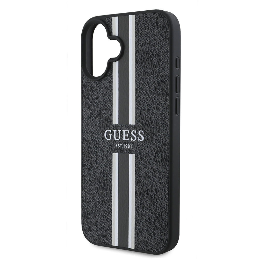 Apple iPhone 16 Kılıf Guess Orjinal Lisanslı M-safe Şarj Özellikli 4G Şerit Tasarımlı Printed Kapak Kahverengi