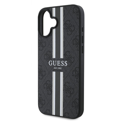 Apple iPhone 16 Kılıf Guess Orjinal Lisanslı M-safe Şarj Özellikli 4G Şerit Tasarımlı Printed Kapak Kahverengi