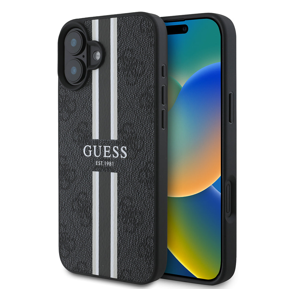 Apple iPhone 16 Kılıf Guess Orjinal Lisanslı M-safe Şarj Özellikli 4G Şerit Tasarımlı Printed Kapak Siyah