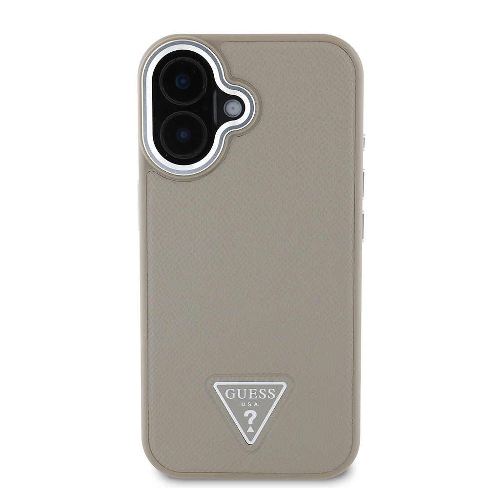 Apple iPhone 16 Kılıf Guess Orjinal Lisanslı M-safe Şarj Özellikli Grained Triangle Kapak Kahverengi
